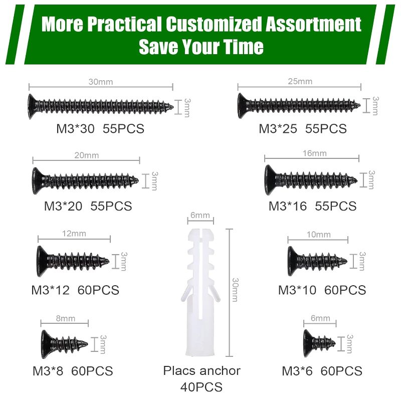 Photo 1 of 500pcs M3 Flat Head Wood Screws Assortment Fasteners Kit,Phillips Drive Head Self-Tapping Screws,Carbon Steel,Contains 40pcs M6 Screw Anchors(Black) 