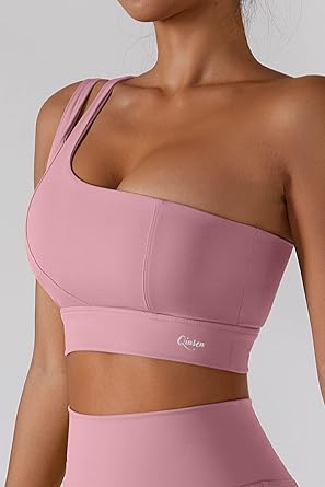 Photo 1 of QINSEN Womens One Shoulder Yoga Bra Cutout Straps Athletic Sports Running Workout Top Size XL