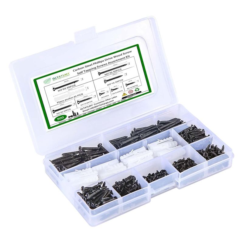 Photo 1 of 500pcs M3 Flat Head Wood Screws Assortment Fasteners Kit,Phillips Drive Head Self-Tapping Screws,Carbon Steel,Contains 40pcs M6 Screw Anchors(Black)