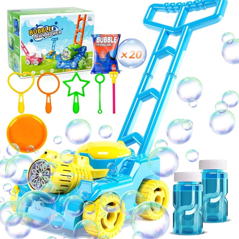 Photo 1 of Bubble Lawn Mower, Bubble Machine for Kids, Bubble Mower with Light, Bubble Blower Push Toys for Toddler Outdoor Backyard Gardening Toys, Birthday Gifts for Preschool Boys Girls-Blue
