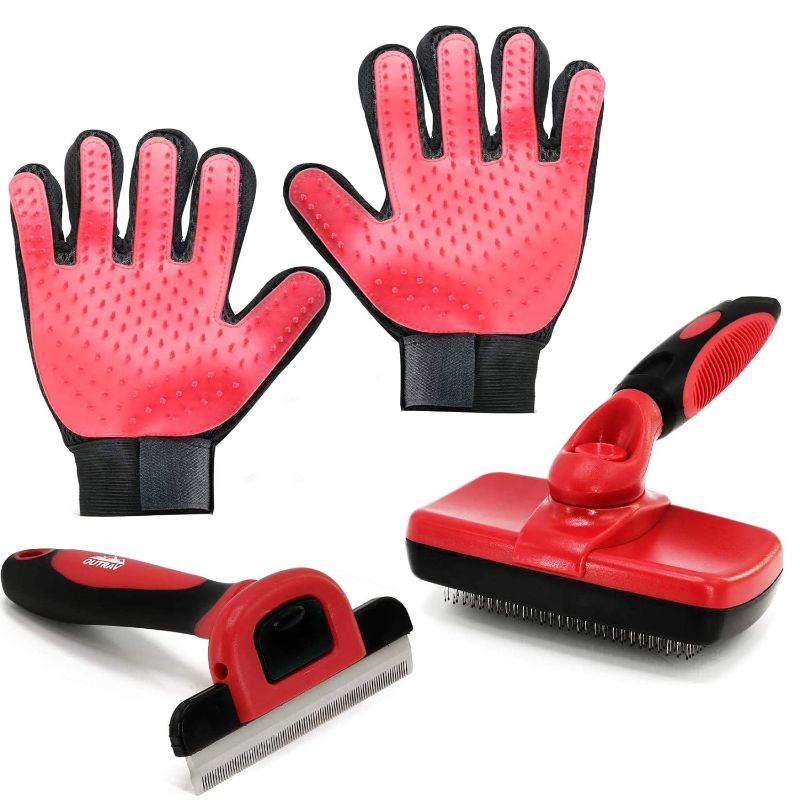 Photo 1 of Complete Professional Pet Grooming Kit | Self Cleaning Slicker Brush for Dogs & Cats | Pro Grooming Brush Effectively Reduces Shedding Fur | Pet Hair Remover Brush Gloves | 4pc Combo Gift Set 