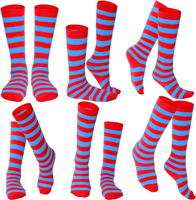 Photo 1 of 20 Pairs Christmas Striped Socks Thigh High Stockings Socks over Knee Colorful Socks Outdoor Sport Socks for Kids Women Girls RED/BLUE