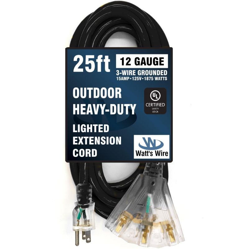 Photo 1 of 25 ft - 12 Gauge Heavy Duty Extension Cord - 3 Outlet Lighted SJTW - Indoor/Outdoor Extension Cord by Watt's Wire - 25' 12-Gauge Grounded 15 Amp Extension Cord 25 Ft Black