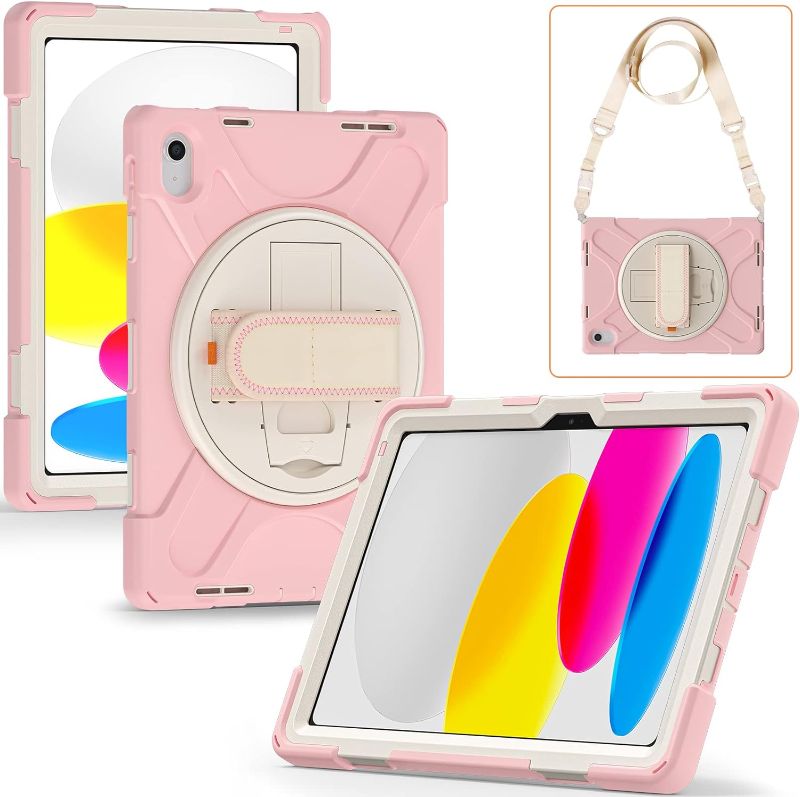 Photo 1 of Mektron Newest iPad 10.9 Inch Case 2022 Release A2757 10th Gen Heavy Duty Protective Cases with Pencil Holder, Kickstand Hand/Shoulder Strap Tablet Cover for iPad 10.9 Case?Sakura Pink
