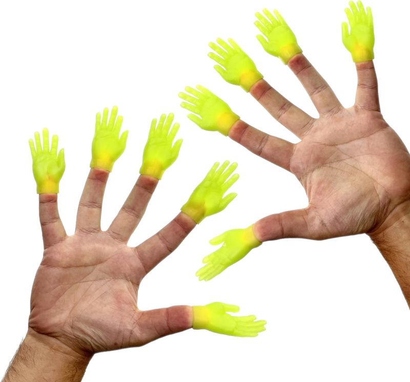 Photo 1 of DR DINGUS Finger Hand Puppets - Glow in Dark - 10 Pack - Premium Rubber Little Tiny Finger Hands – Fun and Realistic Design – Ideal Gag Present

