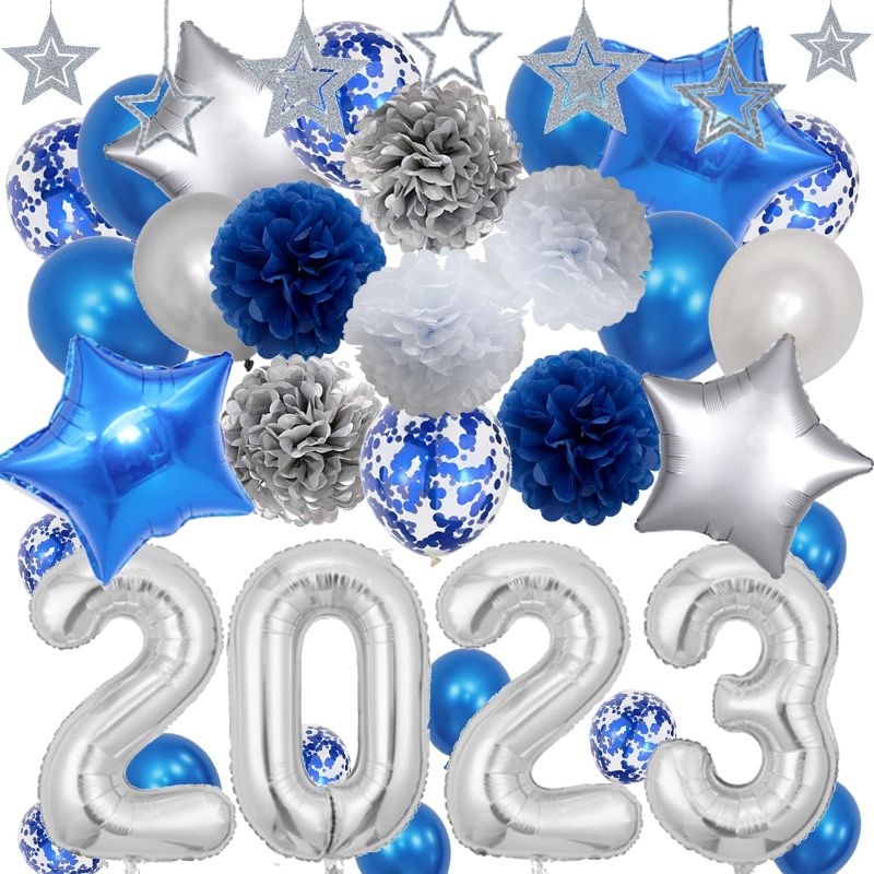 Photo 1 of 2023 Graduation Decorations Silver and Blue - 40 Inch Silver 2023 balloons, Blue Silver Paper Pompoms Blue Confetti Balloons and Star Balloons for 2023 New Years Eve Party Supplies
