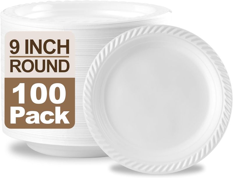 Photo 1 of 17supply Disposable Plastic Plates White, Pack of 200pcs 9" Round Dessert Plastic Plates for Parties, Dinners, Picnics, or Travel.
