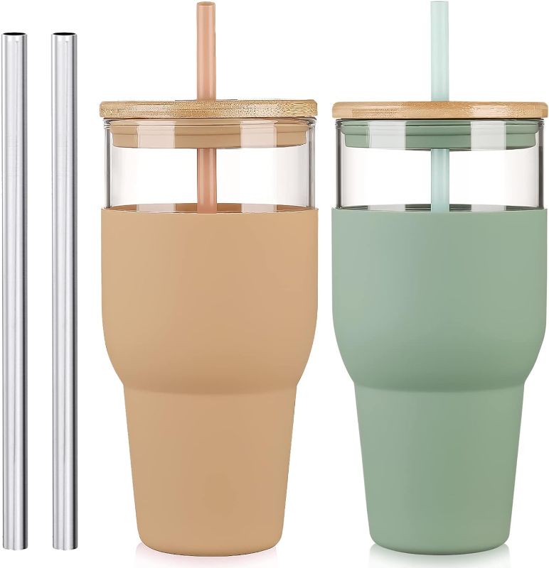 Photo 1 of kytffu 32oz Glass Tumbler with Straw and Lid, Reusable Boba Smoothie Cup Iced Coffee Tumbler with Silicone Sleeve, Fits Cup Holder Glass Water Bottle BPA Free, Olive+Amber
