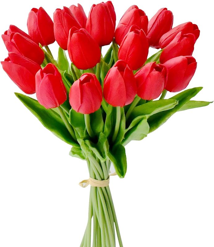 Photo 1 of 20pcs Red Artificial Tulip Silk Flowers 13.5" in Bulk Home Kitchen Wedding Decorations
