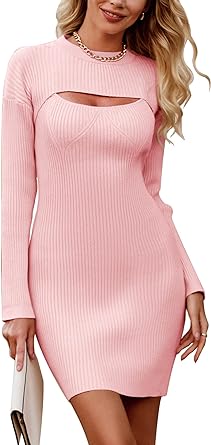 Photo 1 of PRETTYGARDEN Women's 2023 Rib Knit Pullover Sweater Dress 2 Piece Cut Out Long Sleeve Slim Fit Bodycon Dresses / size XL