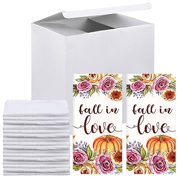 Photo 1 of 100 Pcs Wedding Supplies Moist Cotton Refreshment Towels Pre Moistened Towel 8 x 8 Inch Hand Wipes Individually Wrapped Moist Towelettes Cooling Wipes for Hot Weather Weddings (Flowers, Pumpkin)