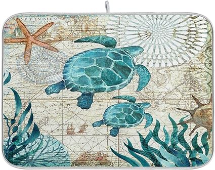 Photo 1 of ZzWwR Vintage Ocean Sea Turtles Starfish Map Absorbent Dish Drying Mat, 16 x 18 Inches Microfiber Kitchen Countertop Table Protector Multi-Purpose Counter Rack Sink Drainer Pad 