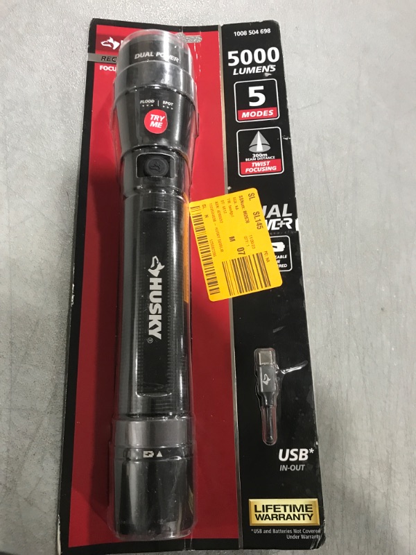 Photo 2 of Husky 5000 Lumens Dual Power LED Rechargeable Focusing Flashlight with Rechargeable Battery and USB-C Cable Included