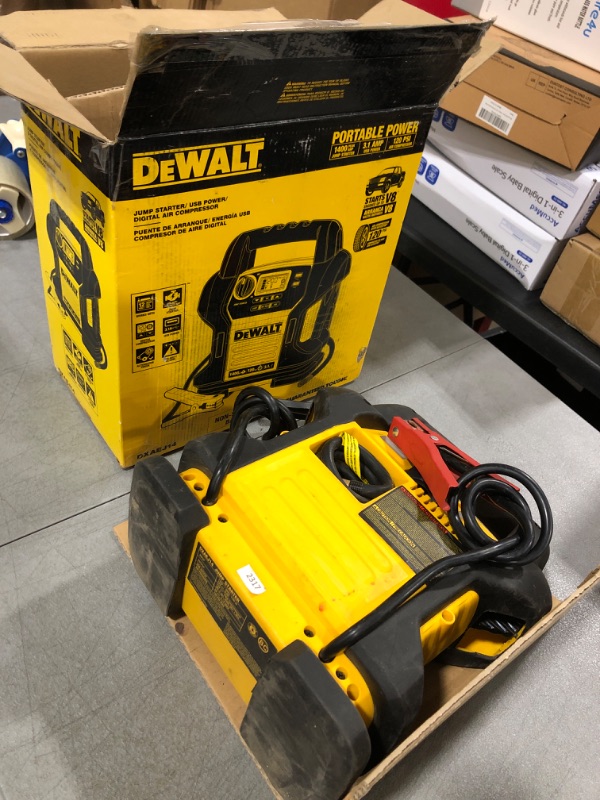 Photo 2 of DEWALT DXAEJ14 Digital Portable Power Station Jump Starter: 1400 Peak/700 Instant Amps, 120 PSI Digital Air Compressor, 3.1A USB Ports, Battery Clamps , Yellow