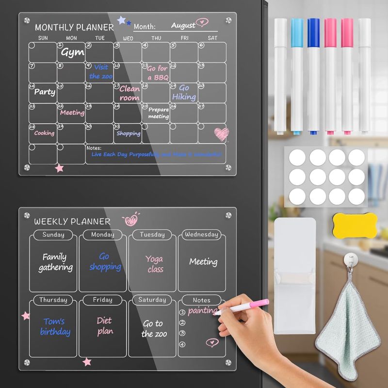 Photo 1 of Goldwise Magnetic Calendar for Fridge-2 Sets of Acrylic Clear Monthly and Weekly Magnetic Dry Erase Boards for Fridge, Including 6 Highlight Markers Magnetic Pen Holder Eraser and Towel
