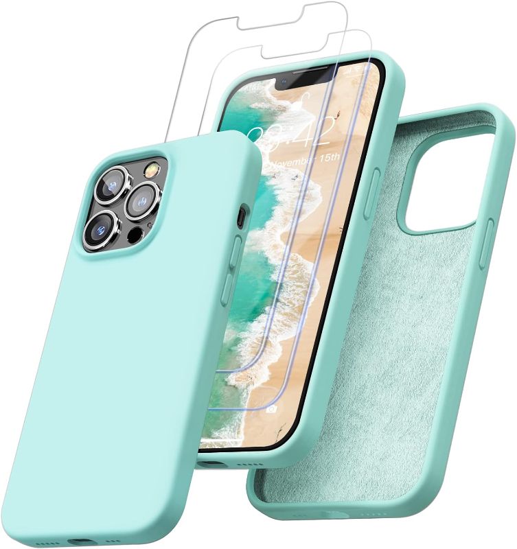 Photo 1 of 3 PACK Enskko [5 in 1 Designed for iPhone 13 Pro Max Silicone Case, with 2 Pack Screen Protector + 1 Phone Stand + 1 Wiping Cloth, Liquid Silicon Cover with Microfiber Lining for Men & Women, Mint Green
