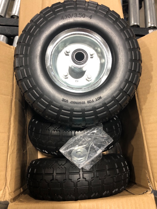 Photo 3 of 10" 4.10/3.50-4 Flat Free Solid Polyurethane Tire and Wheel with 5/8" Axle Borehole, 2.1" Offset Hub for Gorilla Cart, Wheelbarrow,Hand Truck,Generators… 4Pack Silver