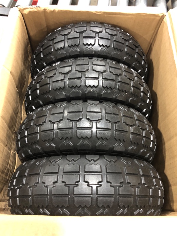 Photo 2 of 10" 4.10/3.50-4 Flat Free Solid Polyurethane Tire and Wheel with 5/8" Axle Borehole, 2.1" Offset Hub for Gorilla Cart, Wheelbarrow,Hand Truck,Generators… 4Pack Silver