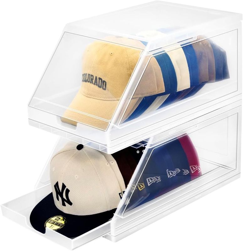 Photo 1 of 2 Pack Hat Organizer, Stackable Clear Baseball Caps Holder Box Containers With Sliding Tray for Hats Snapback Cap Storage, Hat Rack Display Case (Clear)