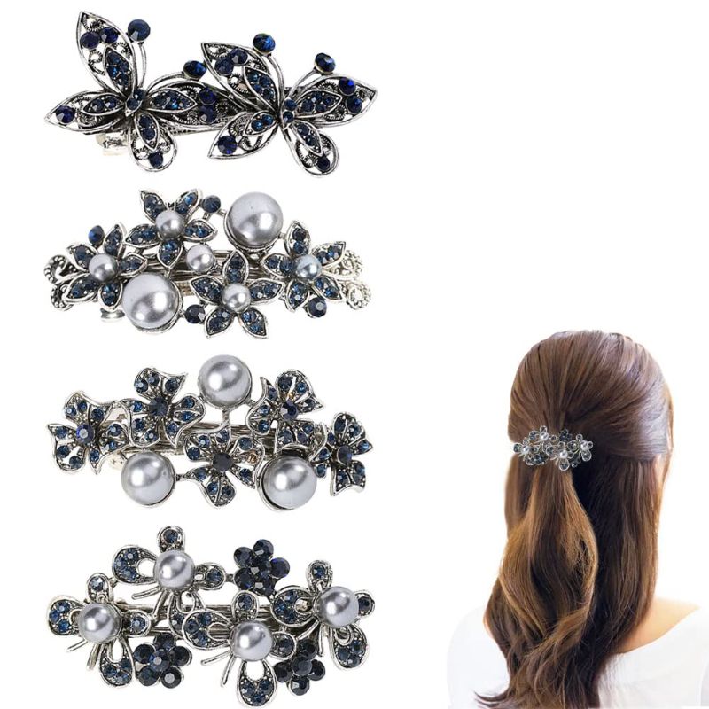 Photo 1 of 4 PCS Retro Hair Barrettes for Women Ladies, Flower Crystal Rhinestones Barrettes Pearl Spring Hair Barrettes Clip Accessories Women Fashion Ponytail Holders Barrettes for Daily Wear
