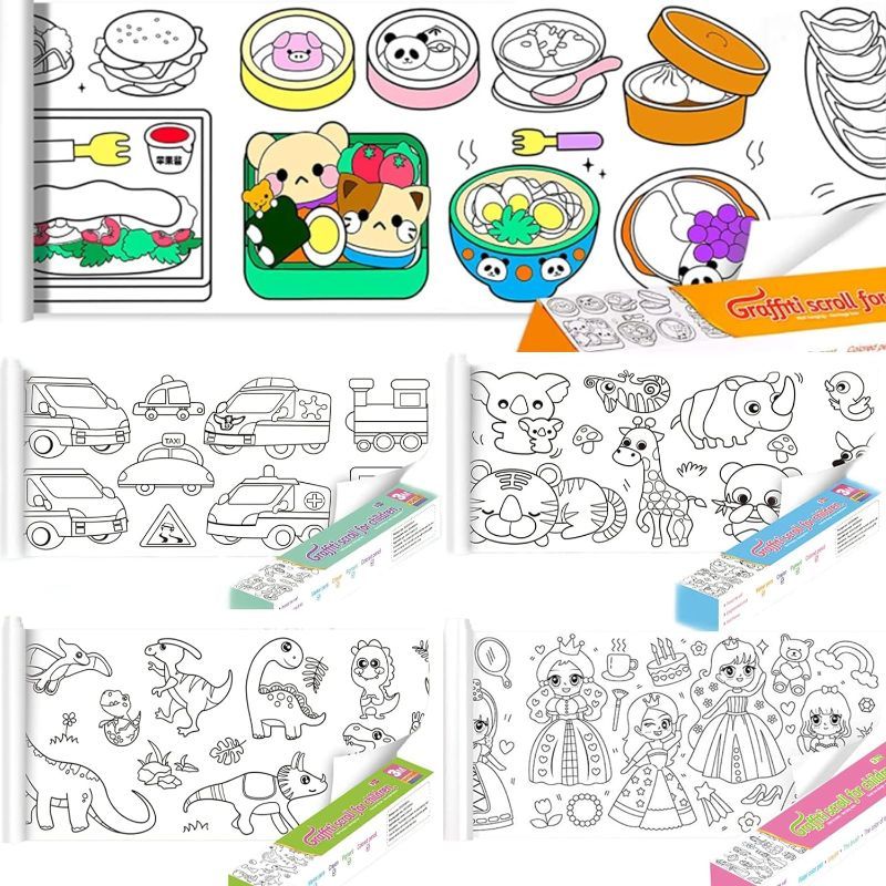 Photo 1 of 5 PCS Childrens Drawing Roll, Drawing Paper for Kids, 118×11.8 Inches Paint Art Paper Roll for Kids Easel (Animals+Dinosaurs+Transport+Princesses+Food)