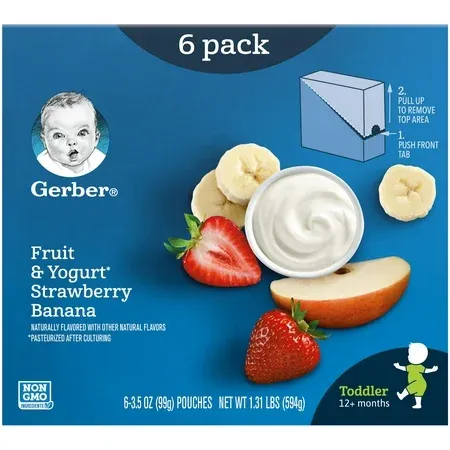 Photo 1 of Gerber Fruit and Yogurt Stage 3 Toddler Food Strawberry Banana, 3.5 oz, Pouch (Pack of 12)  BB 01.19.24