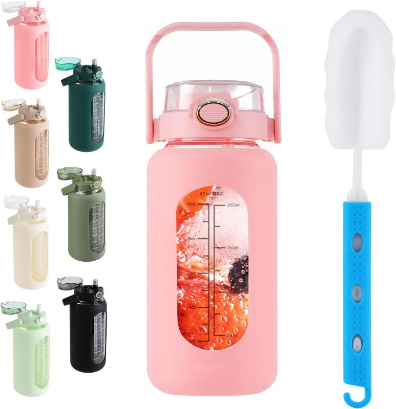 Photo 1 of 64oz Glass Water Bottle with Straw Lid Half Gallon Motivational Bottle with Handle and Silicone Sleeve and Time Marker Large Reusable Sports Water Jug for Gym Home Workout 