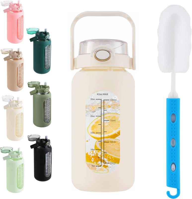 Photo 1 of 64oz Glass Water Bottle with Straw Lid Half Gallon Motivational Bottle with Handle and Silicone Sleeve and Time Marker Large Reusable Sports Water Jug for Gym Home Workout 