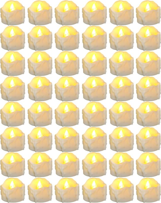 Photo 1 of 48 Pcs Flameless Tea Lights Candles Battery Operated Votive Tea Lights Candle Dripping Wax Flickering Candles Warm Yellow Light for Valentine's Day, Halloween, Christmas, Wedding, No Timer
