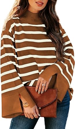 Photo 1 of AlvaQ Womens Sweaters 2023 Fall Winter Bell Sleeve Mock Neck Striped Sweater Casual Loose Ribbed Knit Pullover Jumper Tops SIZE XL 