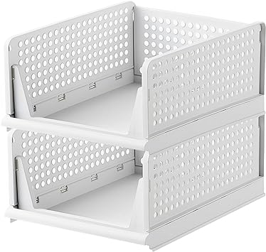 Photo 1 of QPEY Heavy Duty Stackable Closet Organizer,2 Pack Foldable Plastic Storage Basket,Stacking Bins Open Front for Wardrobe Cupboard Kitchen Bathroom, Paper Trays for Classroom 4L