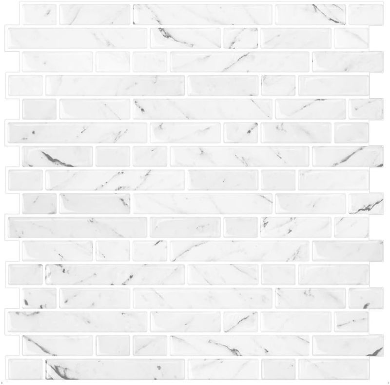 Photo 1 of 10-Sheet White Marble Look Peel & Stick Backsplash, 12”X12” Stick on Wall Tiles for Kitchen Backspalsh (Thicker Design)
