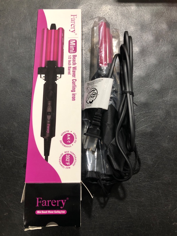 Photo 2 of FARERY Crimper Hair Iron 1/2 Inch, Mini Hair Crimper for Women Beach Waves, Hair Waver 3 Barrel Curling Iron with Keratin & Argan Oil Infused, Waver Curling Iron Dual Voltage, Pouch Bag Single temp