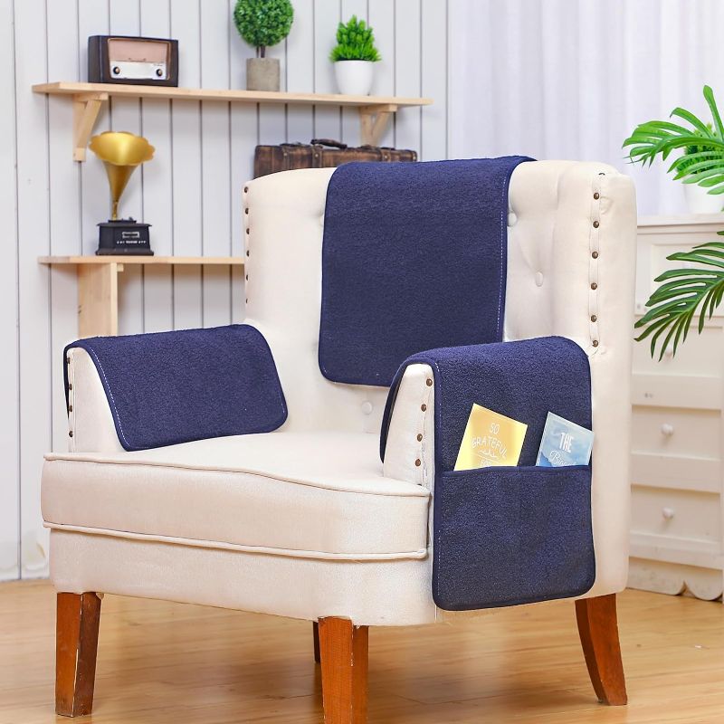 Photo 1 of 3 Pcs Recliner Covers Sherpa Arm Covers for Recliner Chair with Storage Pockets Headrest Cover for Recliner Chair 22.8 x 14.5 Inch Armchair Slipcovers for Sofa Recliner Protector (Navy Blue) 