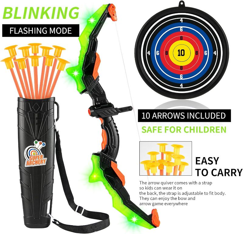 Photo 1 of ASMAD Kids Bow and Arrow Set, LED Light Up Archery Toy Set, 10 Suction Cup Arrows, Target & Quiver, Indoor and Outdoor Kids Toys for Children Boys Girls, Christmas Birthday Gifts for Kids