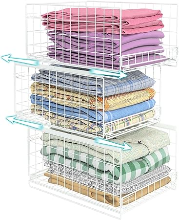 Photo 1 of 3-tier Sliding Closet Organizers and Drawer Storage Shelves, Stackable Storage Bins for Jean Pants Sweaters, Wardrobe Cupboard Organizer for Clothe-White
