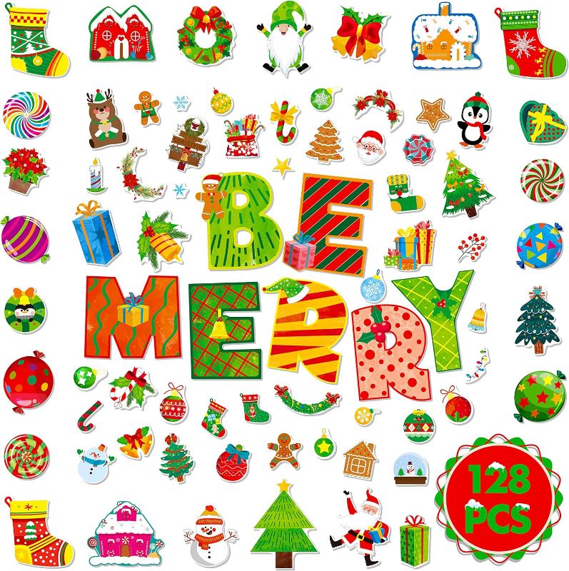 Photo 1 of 2 pack of 128 PCS Christmas Cutouts, Merry Xmas Decor Penguin Gloves Candies Gingerbread Santa Cutouts Bulletin Board Decor Cardboard Paper Cutting Set for Classroom, Door, Window, Christmas Winter Party