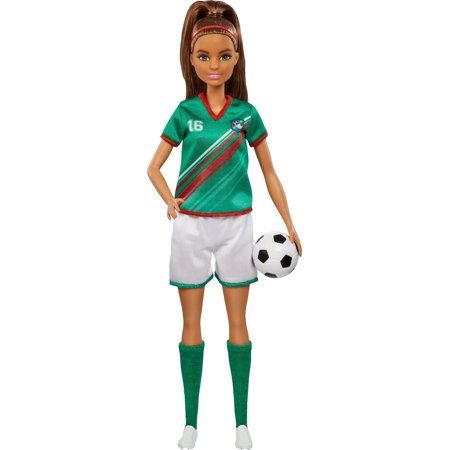 Photo 1 of Barbie Soccer Fashion Doll Dressed in Cleats Colorful #16 Uniform & Tall Socks Brunette Ponytail