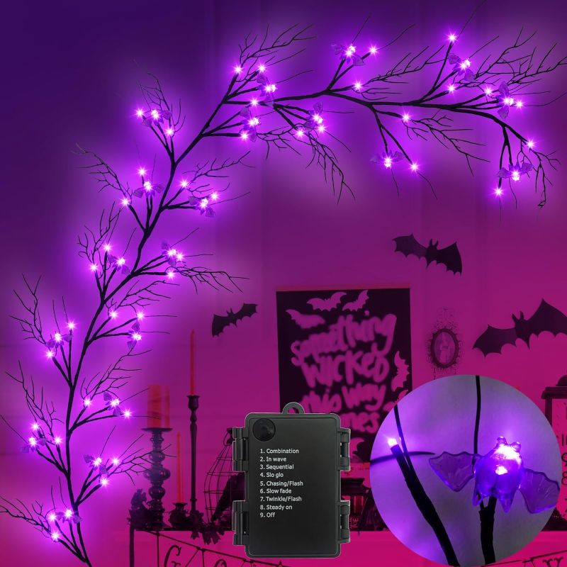 Photo 1 of [Timer & 8 Modes] Krissing 6Ft 57 LED Halloween Willow Vine Twig Halloween Garland with 19 Bats Purple Lights Waterproof Battery Operated Halloween Lights Home Indoor Wall Fireplace Mantle Decor
