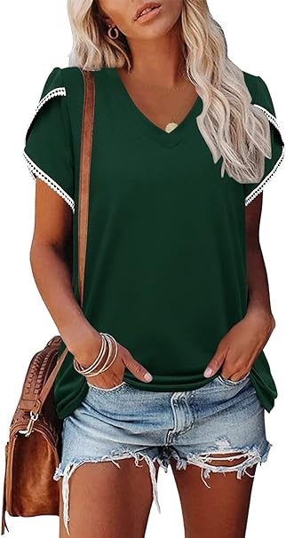 Photo 1 of Beaully Womens Summer Short Petal Sleeve V Neck T Shirts Casual Loose Basic Shirts Tee Tops 2023 XXL
