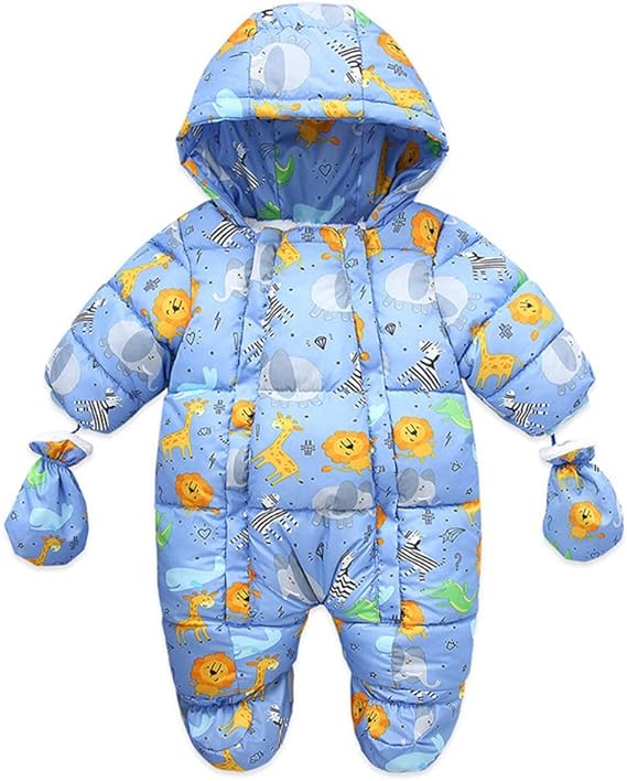 Photo 1 of Feidoog Winter Hooded Snowsuit Romper with Gloves,Baby Girls Boys Warm Winter Light Romper Snowsuit Zipper One-Piece Suit 9-12 months
