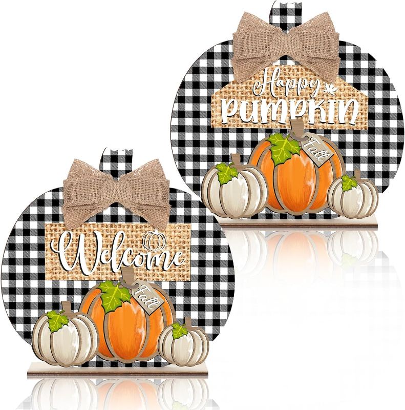 Photo 1 of 2 Pieces Fall Decor Fall Wooden Buffalo Plaid Pumpkin Sign for Table Happy Pumpkin Sign Decorations Autumn Thanksgiving Decorations for Home Mantle Fireplace Living Room 