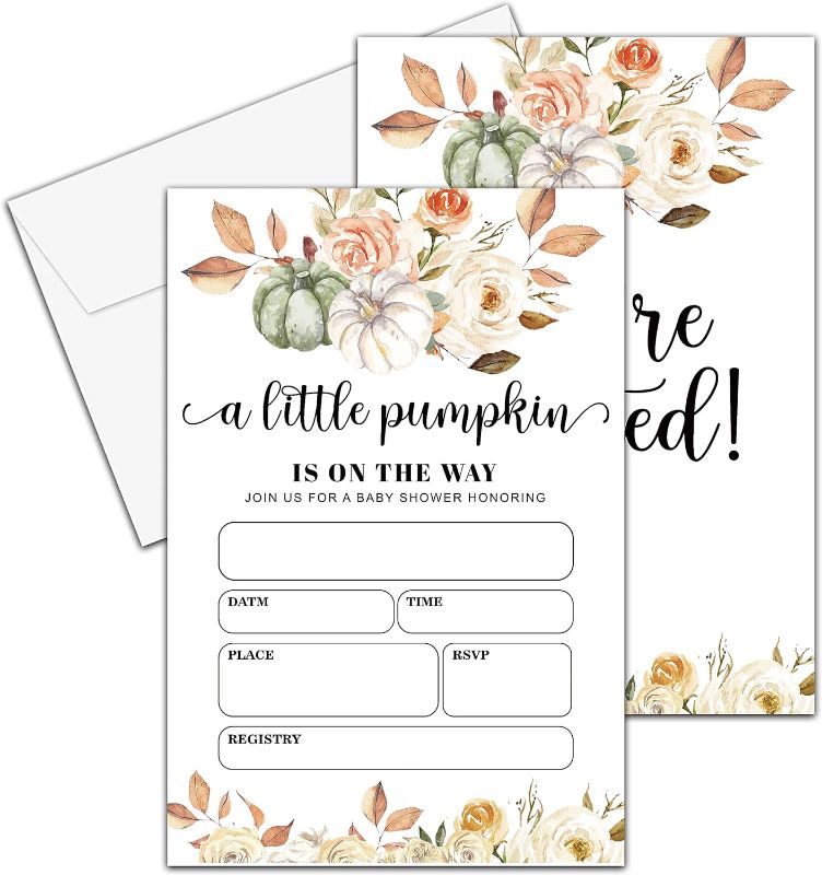 Photo 1 of YQV Baby Shower Invitations, 4"x 6" Little Pumpkin Gender Reveal Party Fill-in Invites Cards with Envelopes for Thanksgiving Day Party Decorations Supplies (25 Pieces) - BBYQKA03 