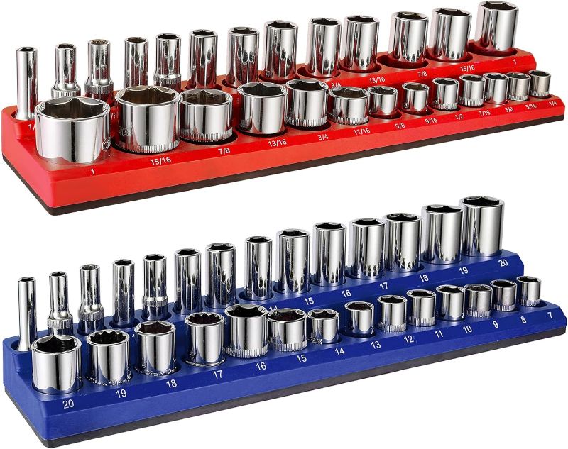 Photo 1 of ALOANES 54-Slot Magnetic Socket Organizer, 2PC Socket Holder Kit, 3/8-inch Drive Premium Socket Tray Holders,for Standard and Deep Metric Sockets, Heavy Duty Tools Organizer(Red&Blue)
