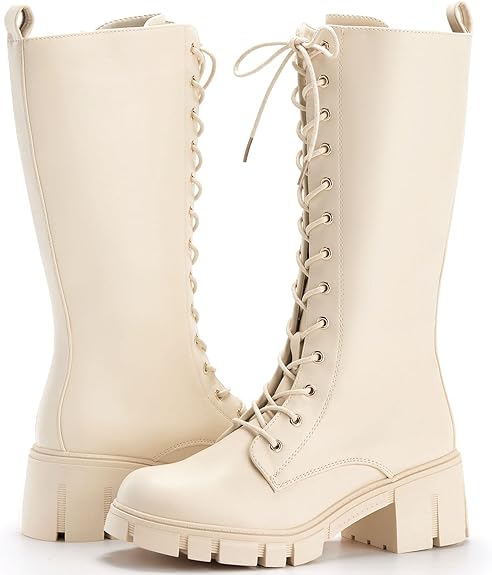 Photo 1 of TINSTREE Women's Knee High Platform Boots Buckle Leather Lace Up Combat Booties,Side Zip-up Mid-Calf Boots size 9.5