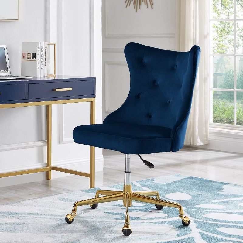 Photo 1 of Upholstered Tufted Button Velvet Office Chair with Golden Metal Base,Adjustable Height Swivel Office Chair -7081-Navy Blue
