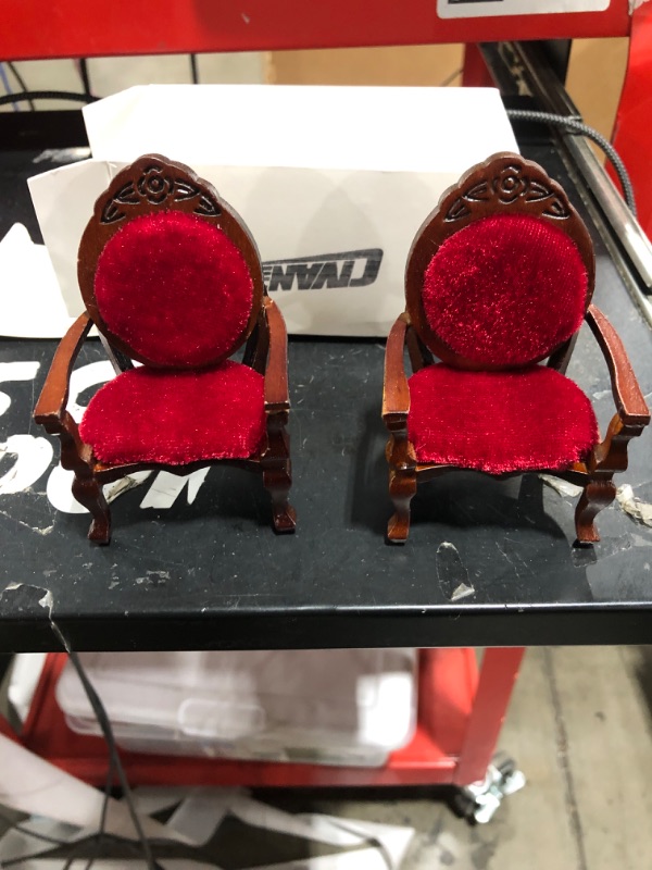 Photo 2 of 2 Pieces Miniature Dollhouse Chair 1:12 Miniature Victorian Furniture Dollhouse Chair Wooden Carved Single Sofa Chairs Vintage Armchairs for Christmas Dolls Bed Kitchen Room Decoration (Red)