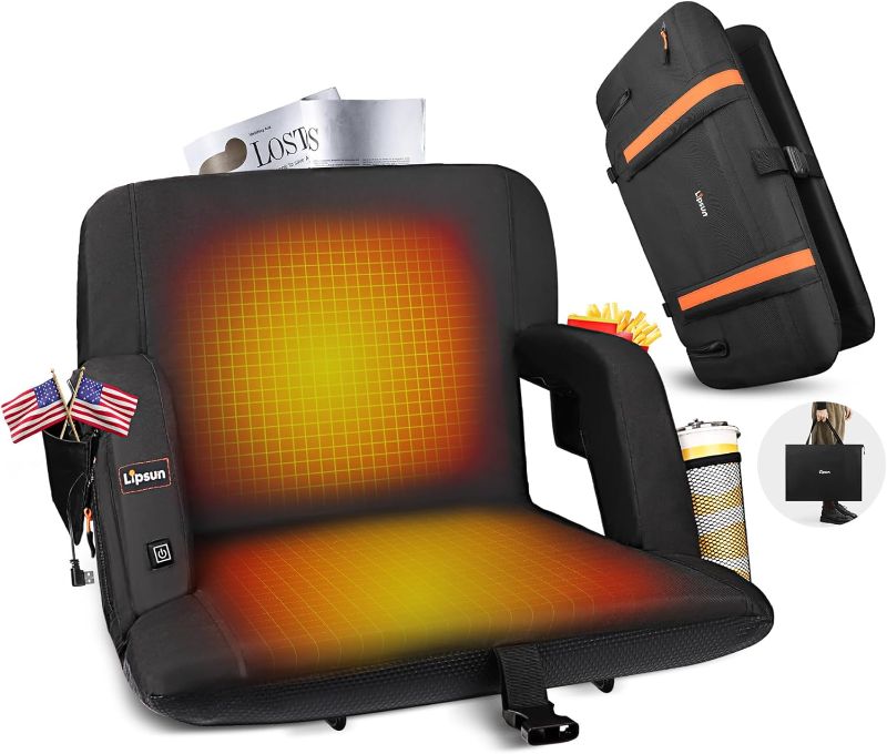 Photo 1 of Heated Stadium Seats for Bleachers, Cusion & Backrest Double Heated Seat [3 Levels USB Heating,6 Positions Reclining Back] Thicker Padding & Arm Support for Fishing,Camping,Sports Event
