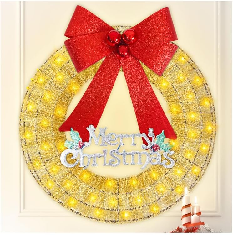 Photo 1 of 20“ Christmas Wreaths for Front Door, Lighted Christmas Wreaths Clearance, with Sequins, Sparkling Bowknot for Window, Wall
