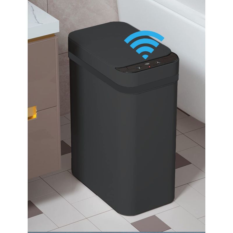 Photo 1 of Yatmung Touchless Bathroom Trash Can - 2.5 Gallon Smart Trash Can Sensor Motion - Skinny Trash Bin with Lid - Electric, Narrow, Plastic, Auto Open - Small Slim Automatic Garbage Can (Black)
